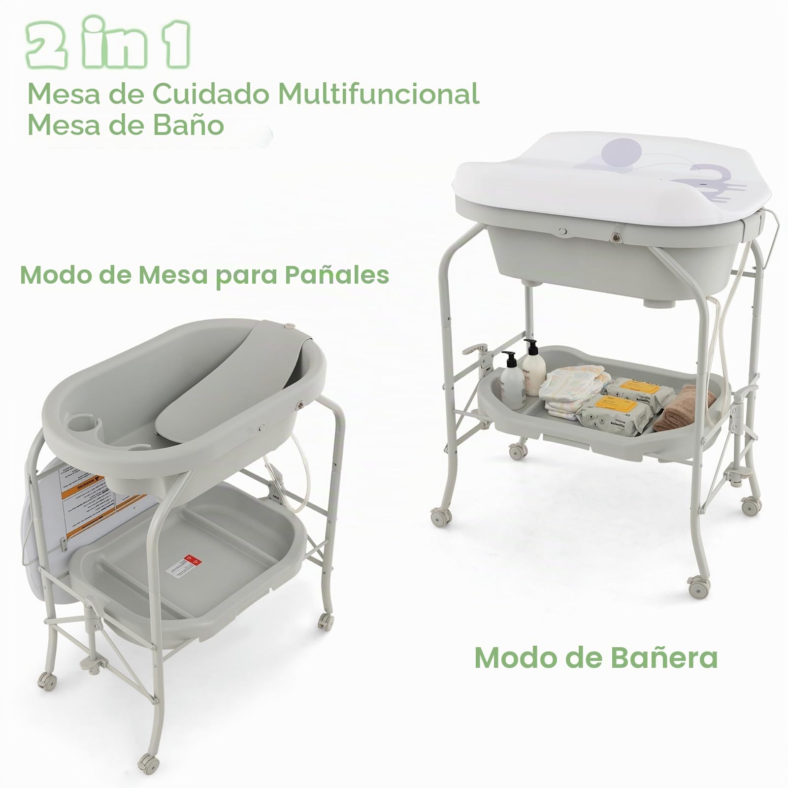 LIFEZEAL Cambiador con Bañera, Cambiador y Bañera para Bebés de 0-12 Meses, Cambiador Plegable y Portátil, Bañera para Bebé con Soporte de Carga de 35 KG (Gris claro)