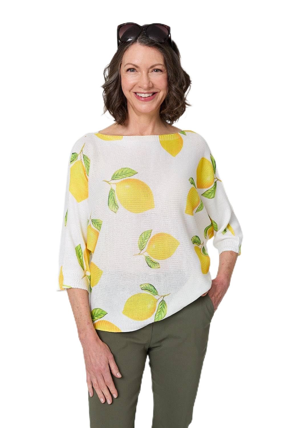 Izabel London Yellow Printed 3/4 Sleeve Knit Texture Top - S/M