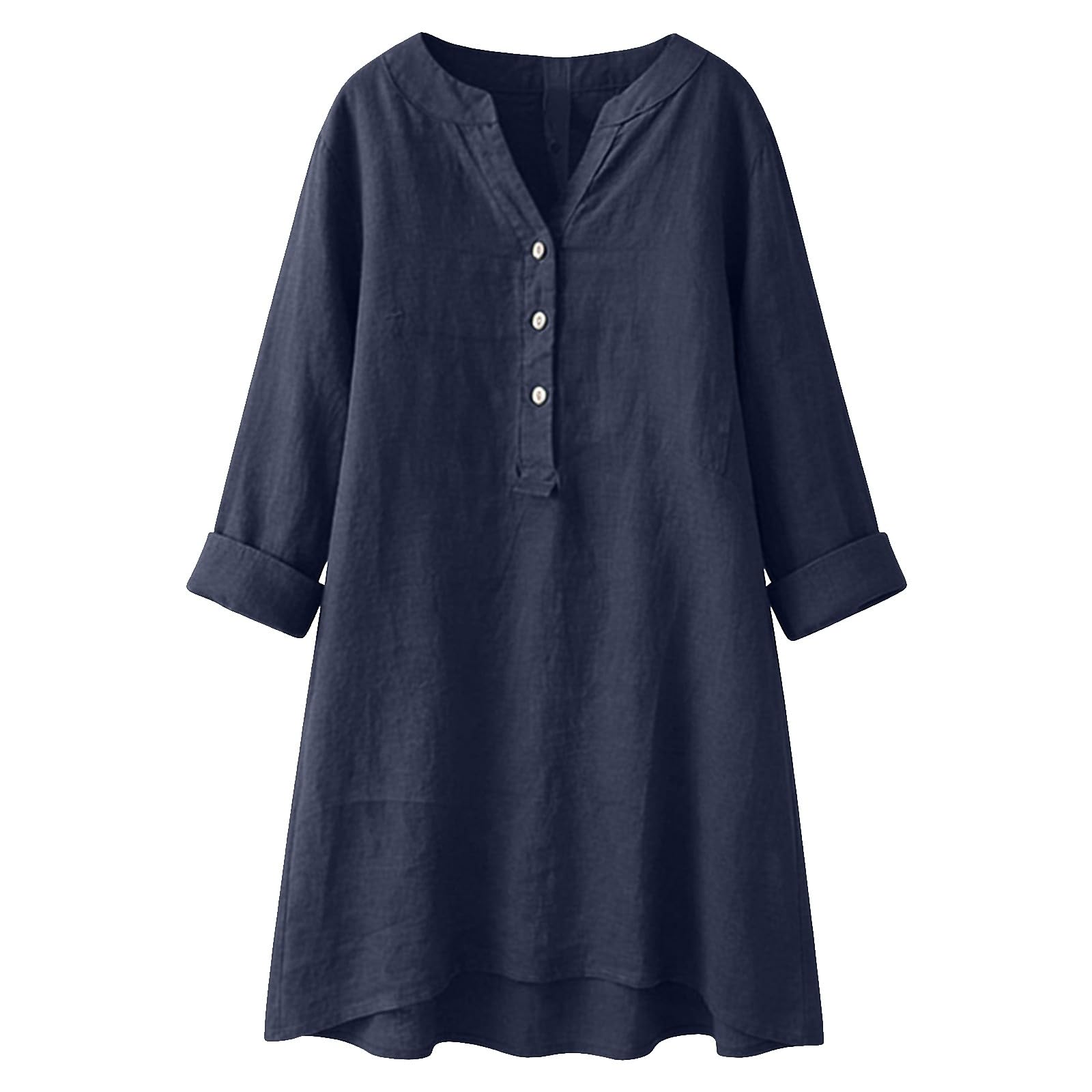 Abito estivo da donna, in cotone, per il tempo libero, comodo, tinta unita, con tasche, maniche a 3/4, maniche arricciate, abito da casa, abito a tunica