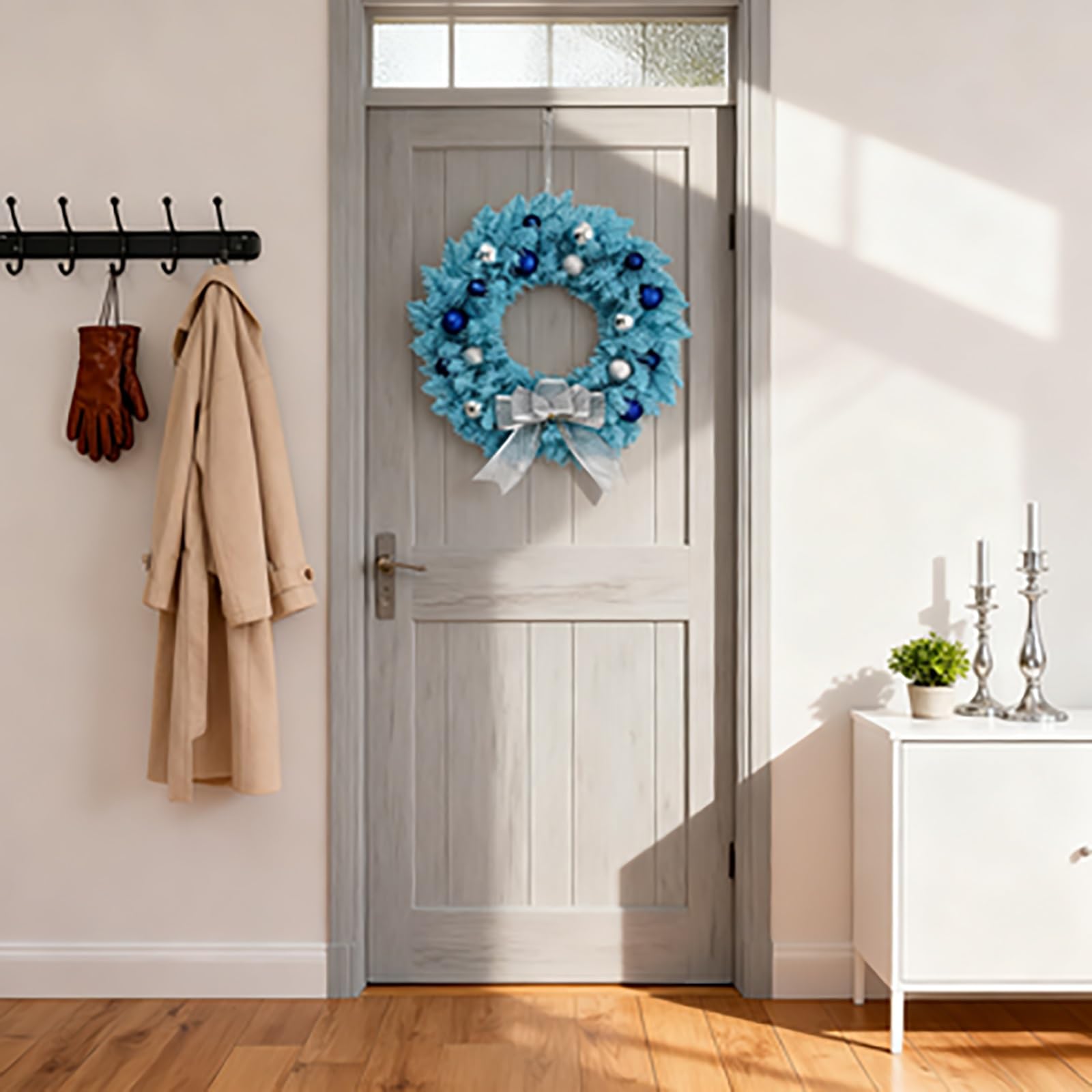 Blauer Weihnachtskranz, Adventskranz Künstlich mit Silbernen Kugeln und Silberner Schleife, für die Haustür, Winterkranz-Dekoration, Hauswand, Fenster, Kamin(60cm/23.6in)