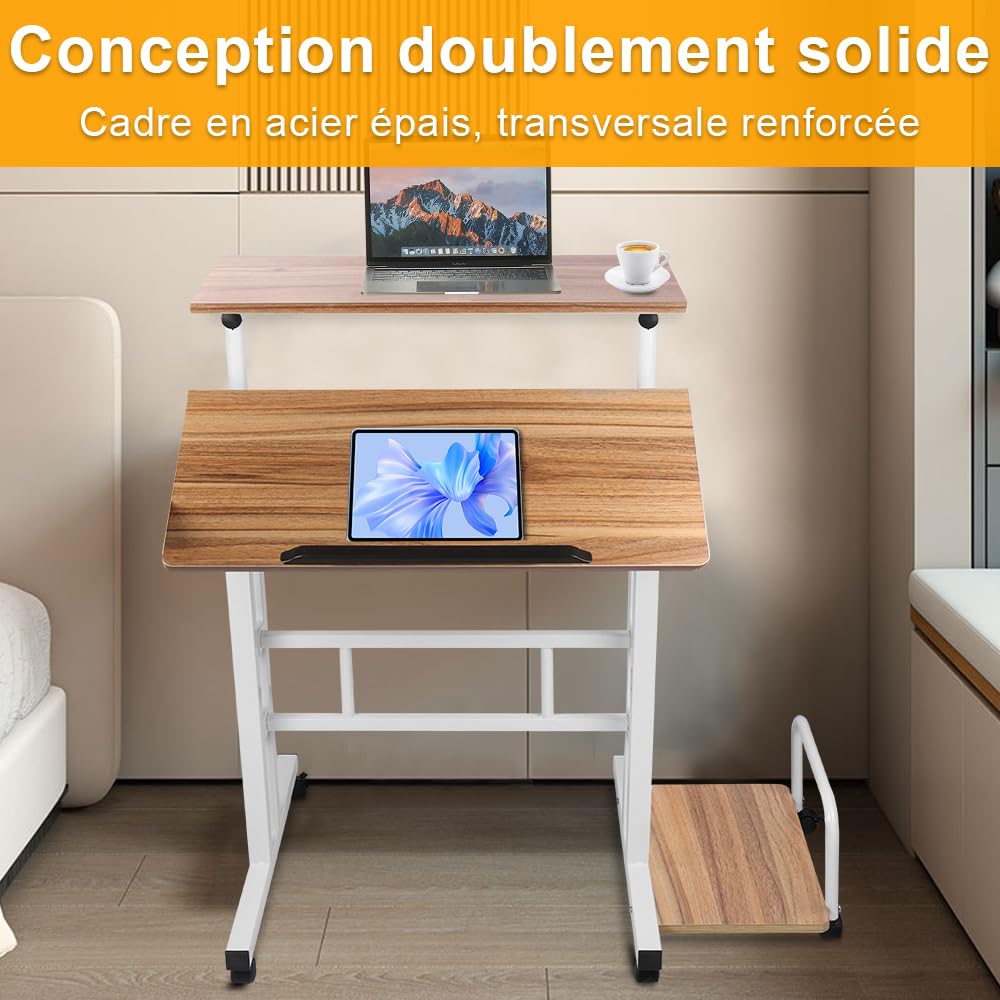SDdPulse Dunkles Eichenholz, tavolo mobile per computer regolabile in altezza, con ruote, per camera da letto e soggiorno, 82 x 60 x 67-117 cm