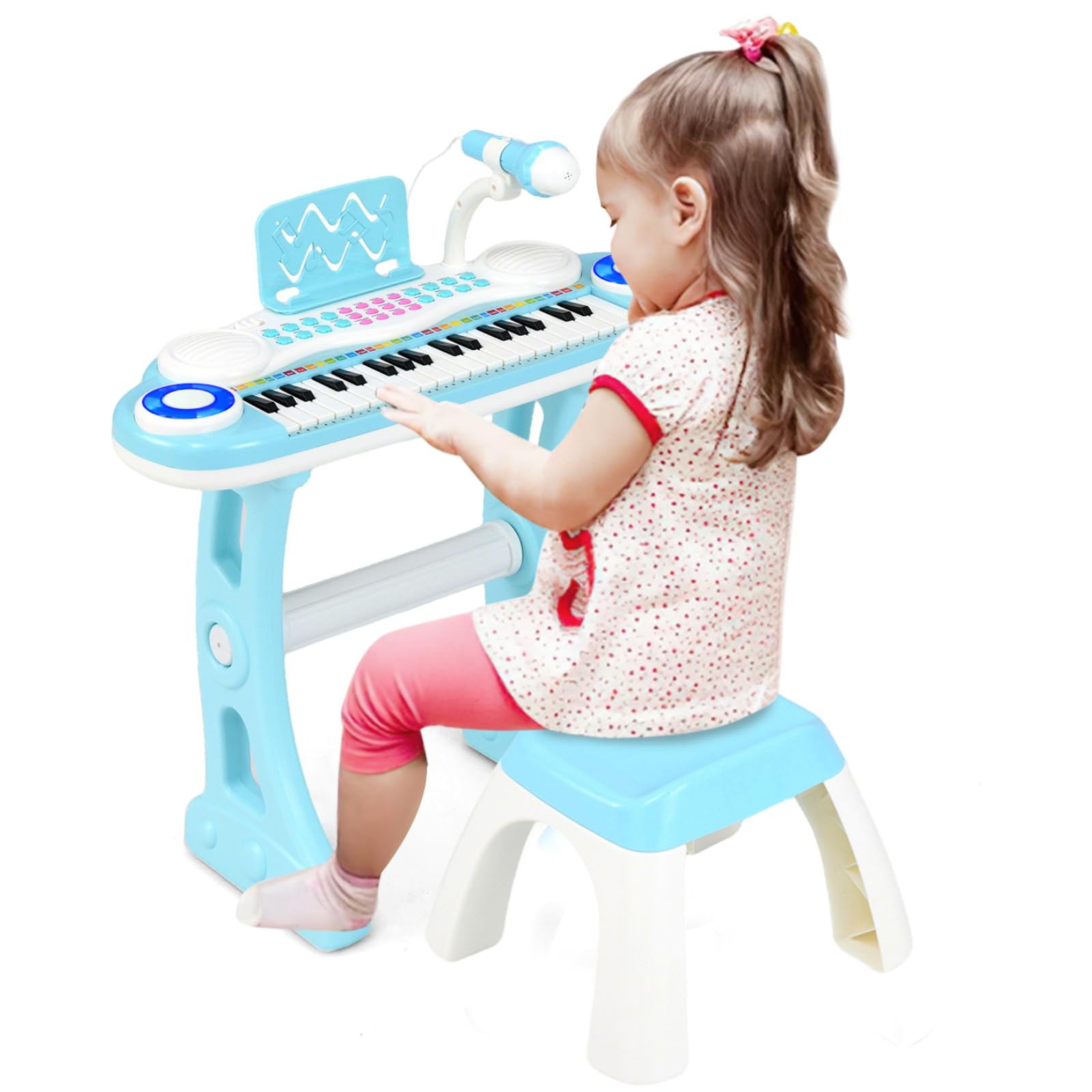 Maxmass 37 Keys Kids Piano Keyboard, Toddler Electric Piano with Stool, Microphone, Flashing Lights, Music Score, Record and Playback, Musical Instrument Electronic Keyboard for Boys Girls (Blue)