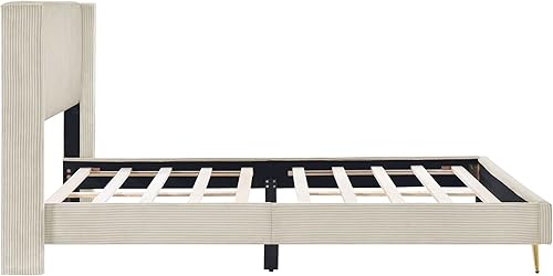 Miniatura 5 de Cama de plataforma de pana tamaño Queen con patas de metal y cabecera tapizada, soporte de listones de madera, no requiere somier (beige/pana)