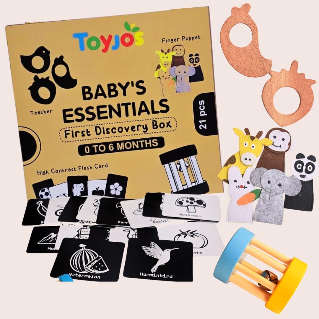 Toyjos Early Development Baby Toys Set | Wooden Teethers, Rattlers, Black White High Contrast Flashcards, Finger Puppets with Wooden Storage Box | Montessari Inspired Toy Gifts for Infants 0–12 Months-image-33