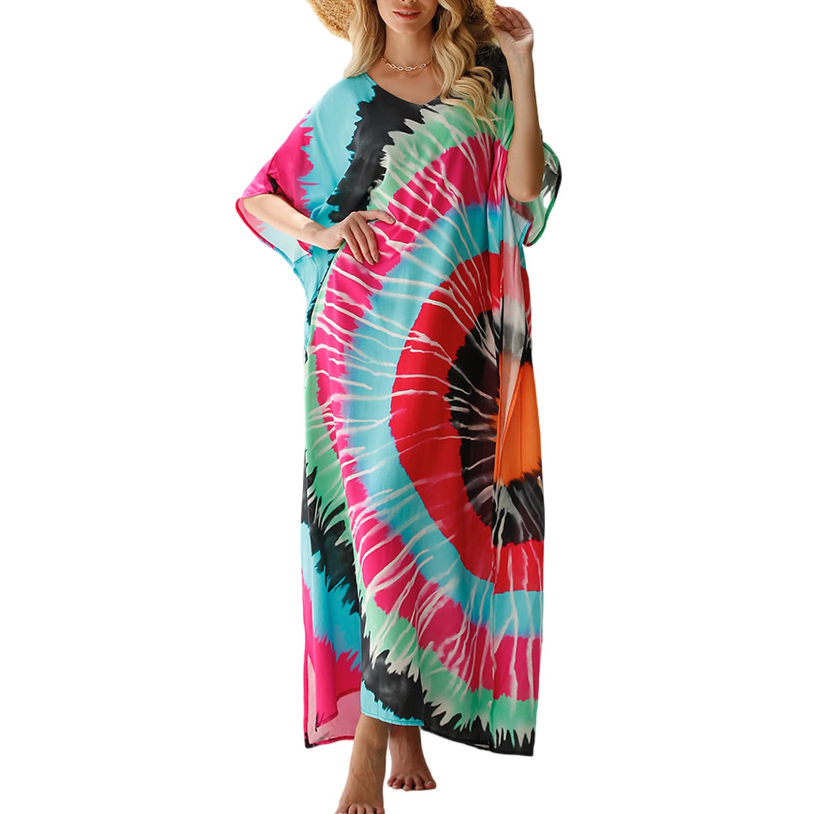 KAICAILA Women's Floral Kaftan Dress Coverup - Plus Size, Loose Fit for Swimwear & Holiday Casual