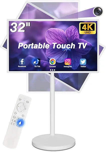 32In Wireless Smart Portable TV on Wheels 4K Smart Touchscreen Monito,Mobile TV Tablet,Android 13,(5-8-Hour) Battery,with 4K Camera,Full Swivel Rotation,(8RAM+128GB) Voice Remote Control(32 inch Pro)