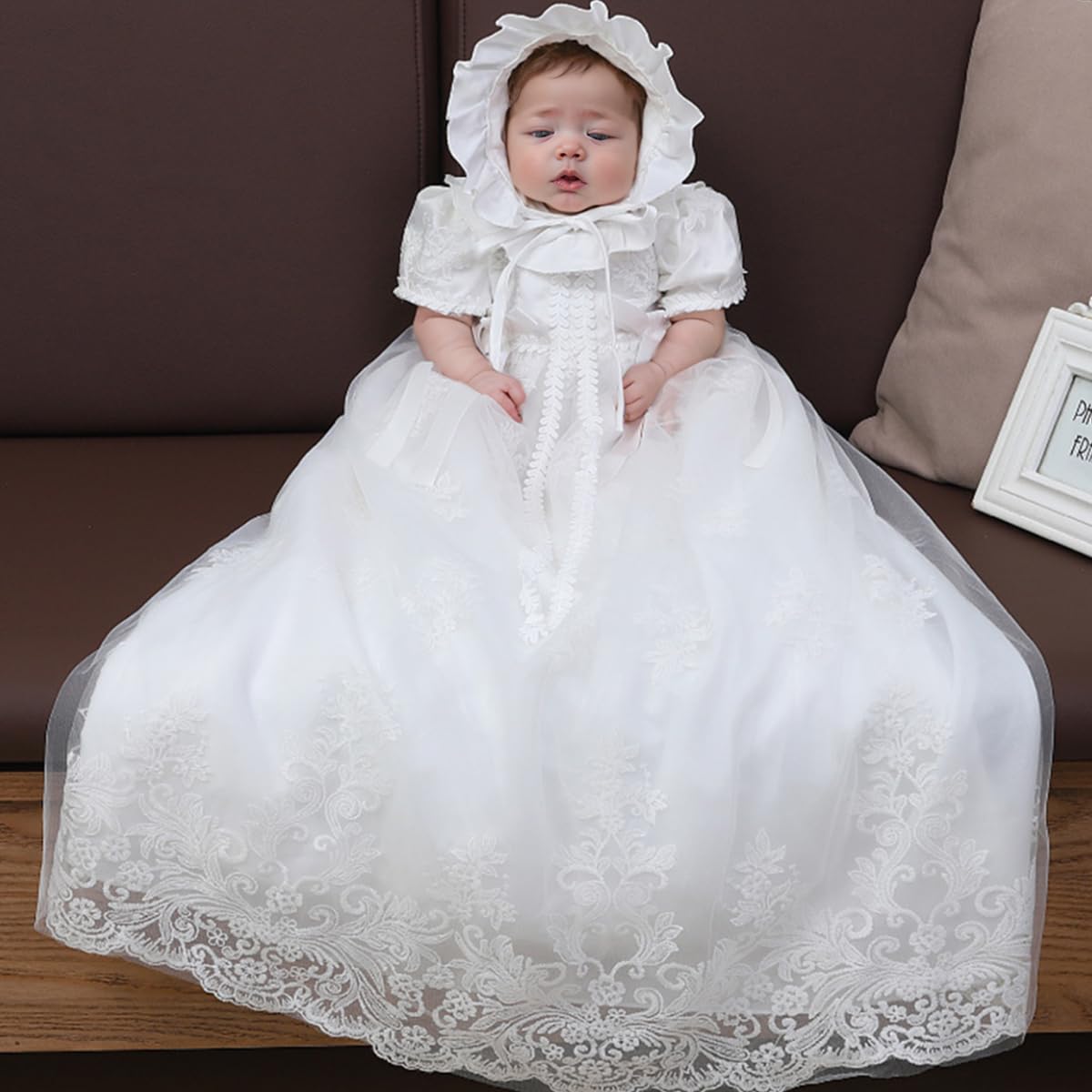 Vestido de bautizo para bebé y niña, con bordado floral, con capó