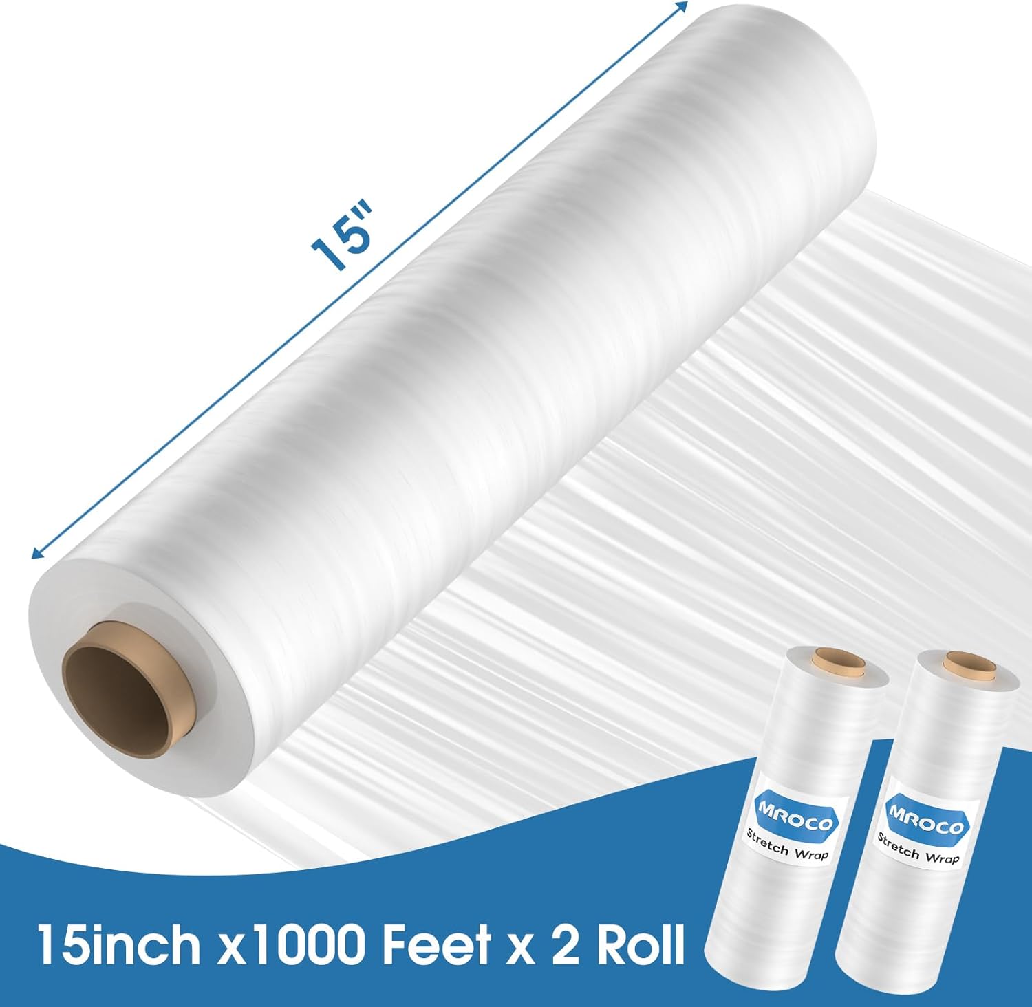 MROCO Stretch Wrap, 1000 Feet 60 Gauge Clear Stretch Film for Furniture & Pallet Wrap, 15 Inch Industrial Strength Plastic Shrink Wrap Roll, Heavy Duty Shrink Film for Moving & Storage, 2 Pack