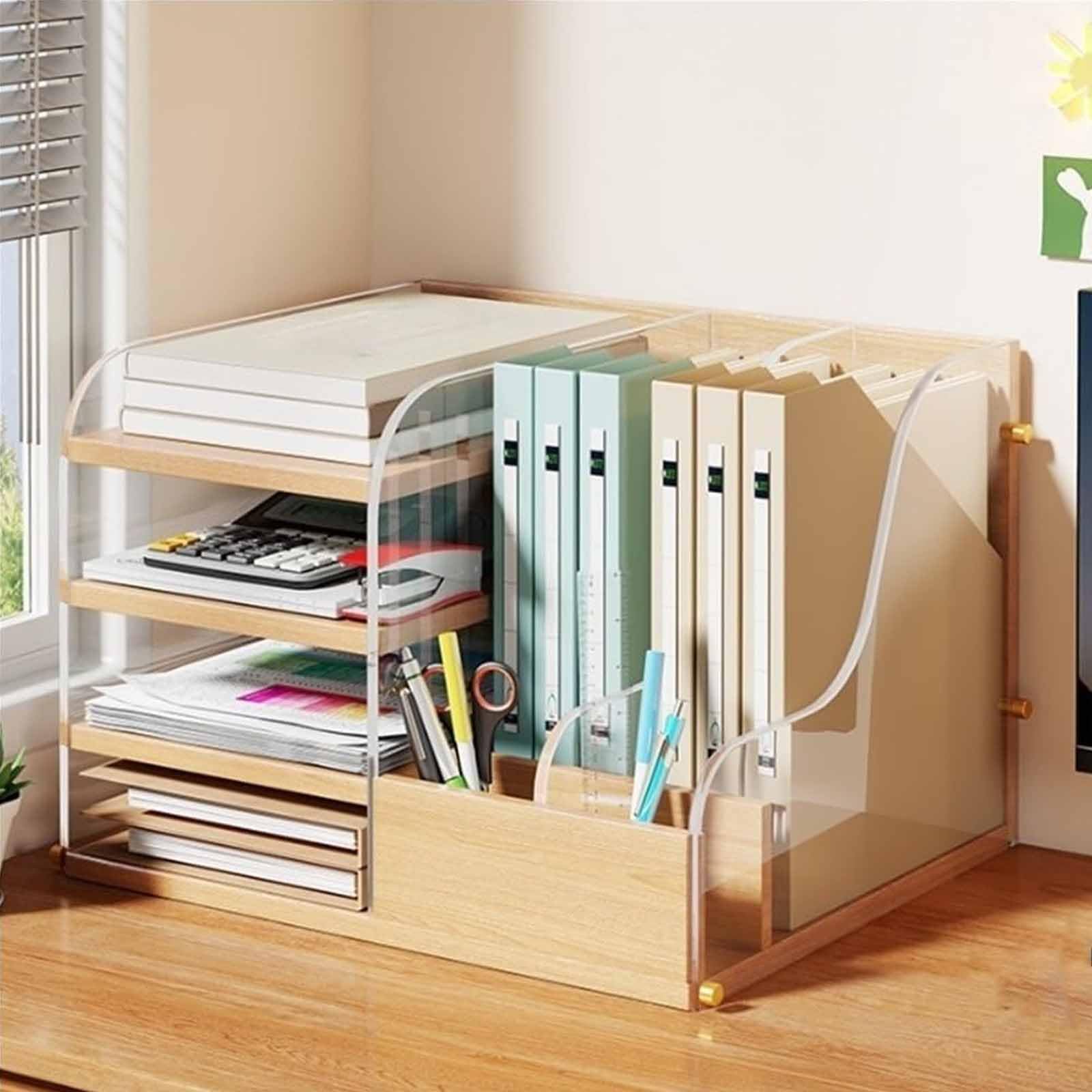 Estante De Almacenamiento De Escritorio De Madera Y Acrílico, Soporte Para Documentos De 4 Niveles Con Compartimento Lateral, Organizador De Escritorio Multicapa Para Papelería Y Suministros De