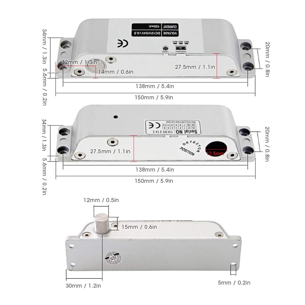 Cerradura de Perno de Caída Eléctrica, Cerradura de Puerta Electrónica Magnética de Modo DC 12V/24V NC con Retardo de Tiempo, Cerradura de Mortaja Eléctrica para Sistema de Control de Acceso