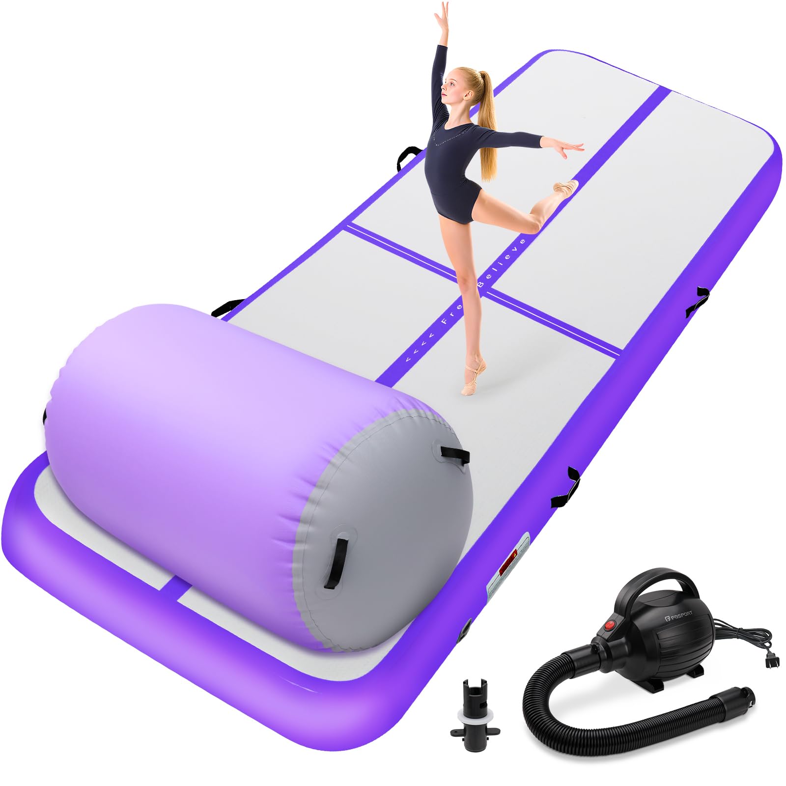 KIKILIVE Inflatable Gymnastics Tumble Mat and Air Roller, Air Mat Track 4 inches Thickness and Air Roller Gymnastics Barrel with Electric Air Pump for