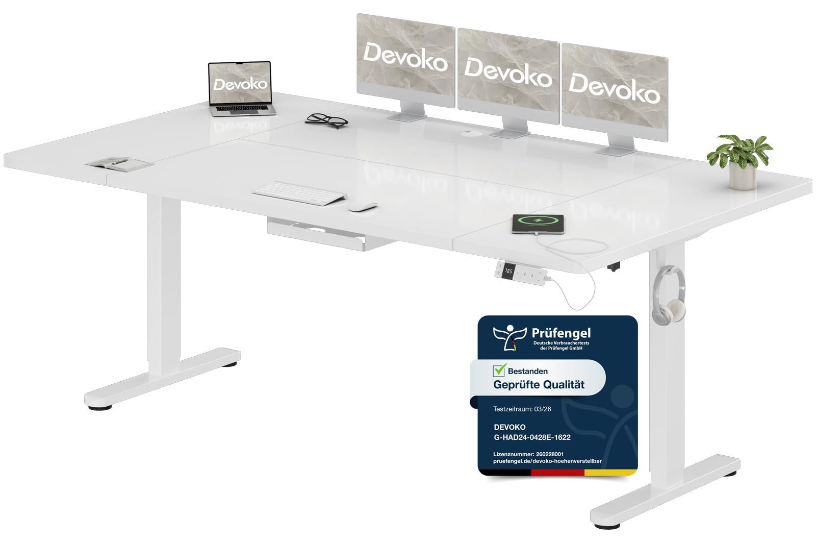 Devoko Höhenverstellbarer Schreibtisch 200x100cm mit Typ-C Ladeanschluss, Schreibtisch Höhenverstellbar Elektrisch, Mobiler Elektrisch Computertisch mit Kabel Management Tray, Weiß