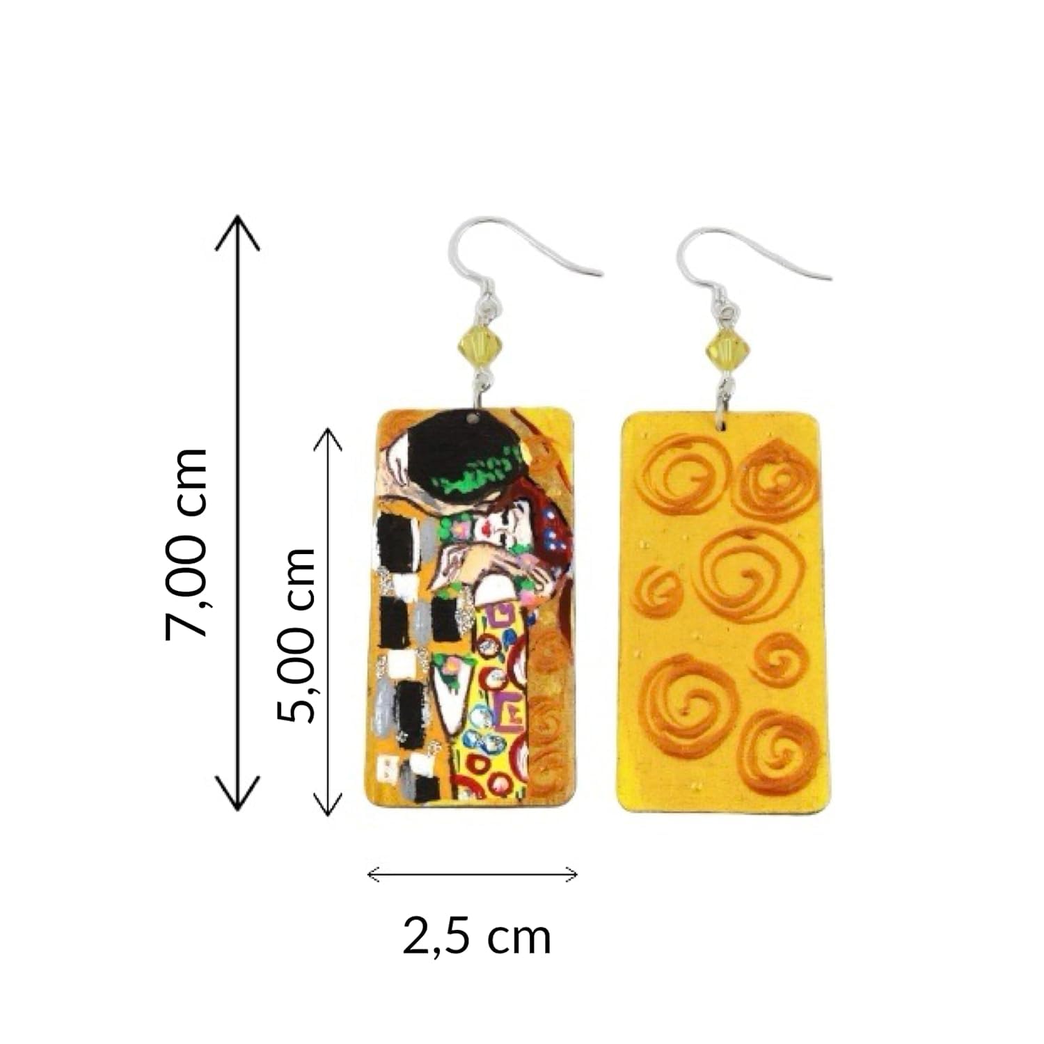 Boucles d'oreilles peintes à la main - LE BAISER DE GUSTAV KLIMT - Boucles d'oreilles pendantes pour femme, Bijoux en bois peints à la main, Crochet en argent, Fabriqué en Italie, Bijoux pour femmes