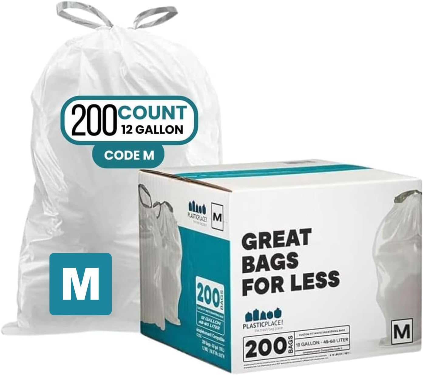 Plasticplace Custom Fit Trash Bags Compatible with Simplehuman Code M 12 Gallon Drawstring Garbage Bags 200 Count Tear-Resistant Trash Can Liners for Kitchen and Office 1.2 Mil White 21" x 30.5"