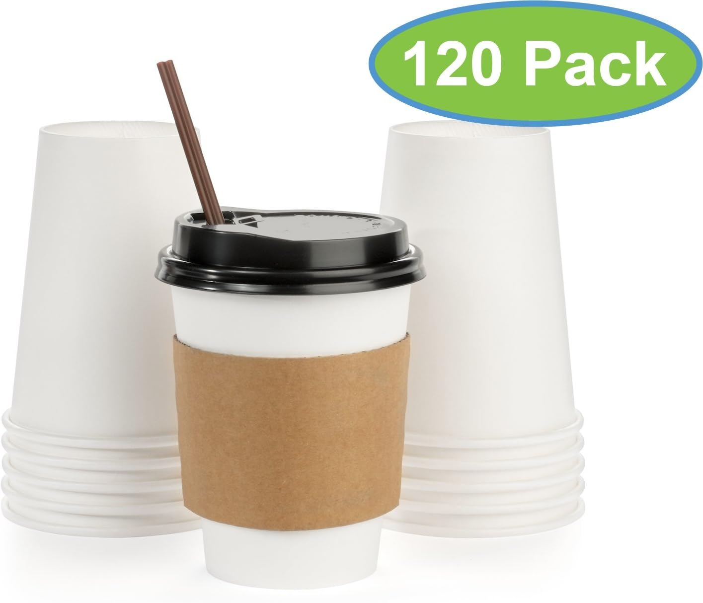 Akitkhen Disposable Coffee Cups-Bulk 120 pack 12oz, White Hot Paper Coffee Cups with Lids, Sleeves and Stirring Straws - Coffee, Tea or Hot Chocolate Cup- Party, Office, Travel or Restaurant Ready