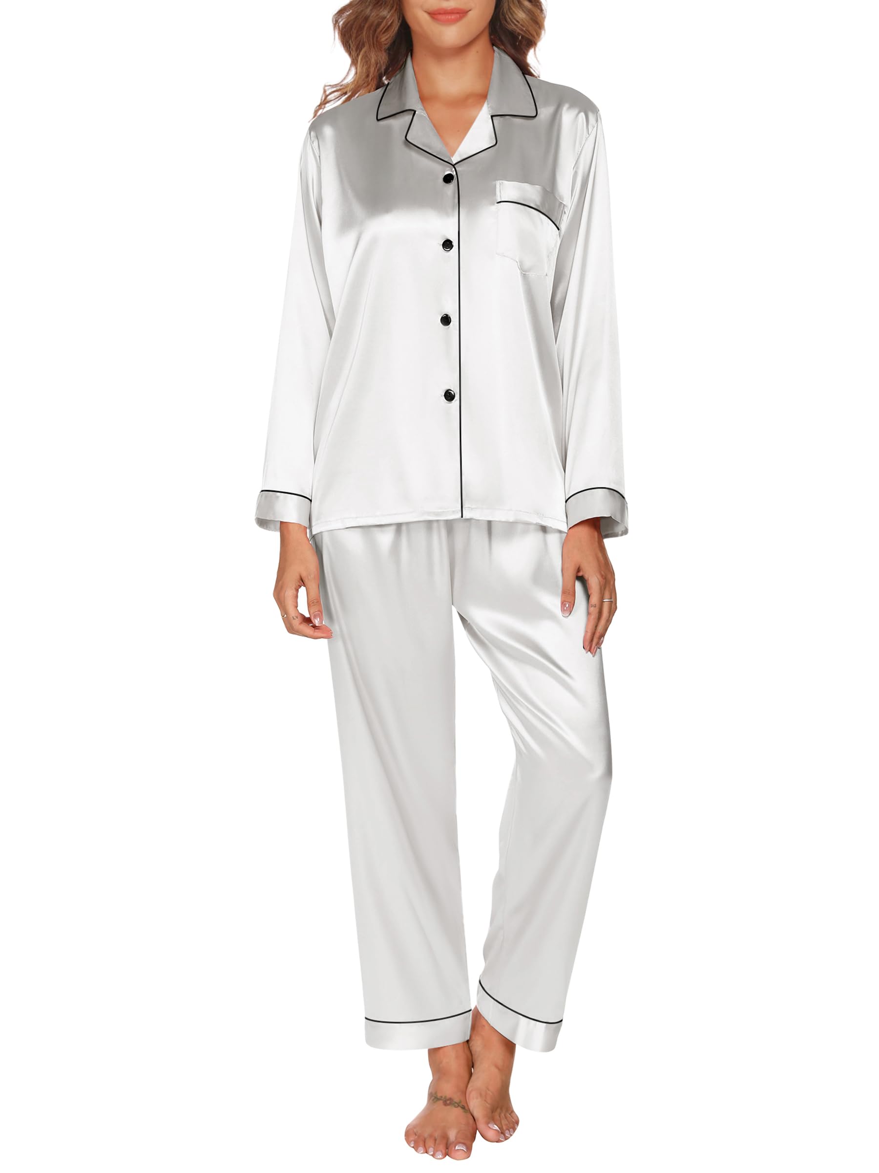 GAESHOW Conjunto de Pijama de Seda de Satén para Mujer, Conjunto de Manga Larga con Botones, Ropa de Dormir, Ropa de Descanso, Conjuntos de Dos Piezas, S-XXL