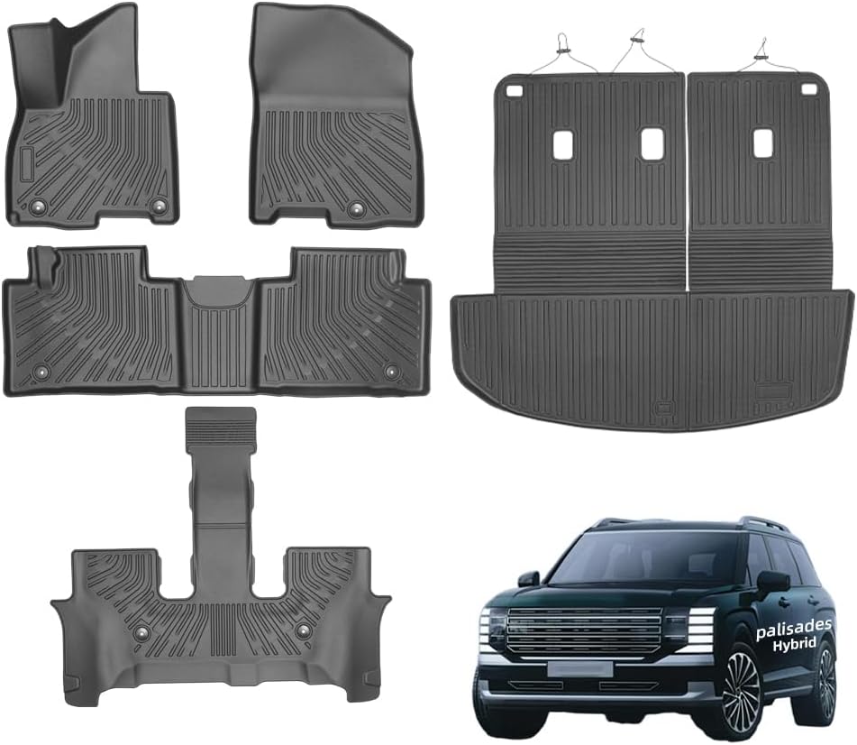 All Weather Floor Mats for 2026 Hyundai Palisade Hybrid 7 Seat Only, Custom Fit TPE Floor Liners & Cargo Mat with Backrest Mats Full Set, Black Car Accessories for Hyundai Palisade 2026