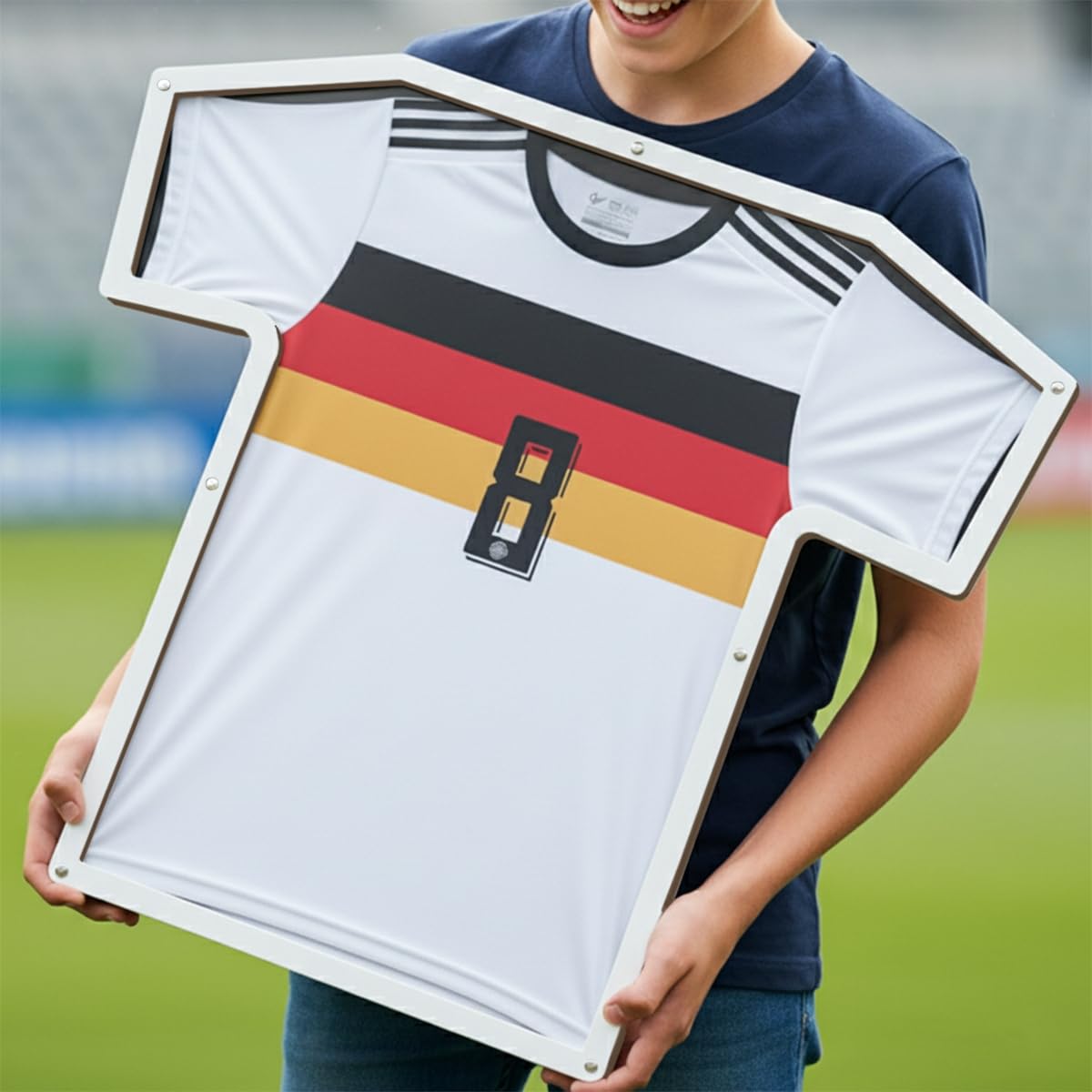 Trikotrahmen in T-Form, Kinder (XS - S), Weiß, für T-Shirts, Fußballtrikots, Sporttrikots, bruchsicheres ultraklares Acrylglas, robuster 3D Bilderrahmen inkl. Halterung und Montagematerial