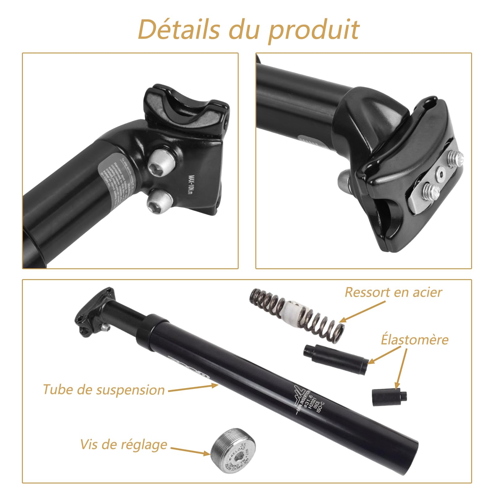Tige de Selle à Suspension pour vélo,Tige de Selle à Suspension à Ressort, diamètre 27,2mm, 30,9mm,31,6 mm, adaptée aux vélos électriques,VTT,Descente, vélos de Ville