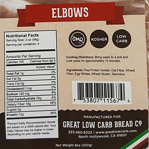 Great Low Carb Bread Company Keto Pasta, 7g Net Carbs, 12g of Protein, Non GMO (Elbow, 3 Pack)  
Great Low Carb Bread Co