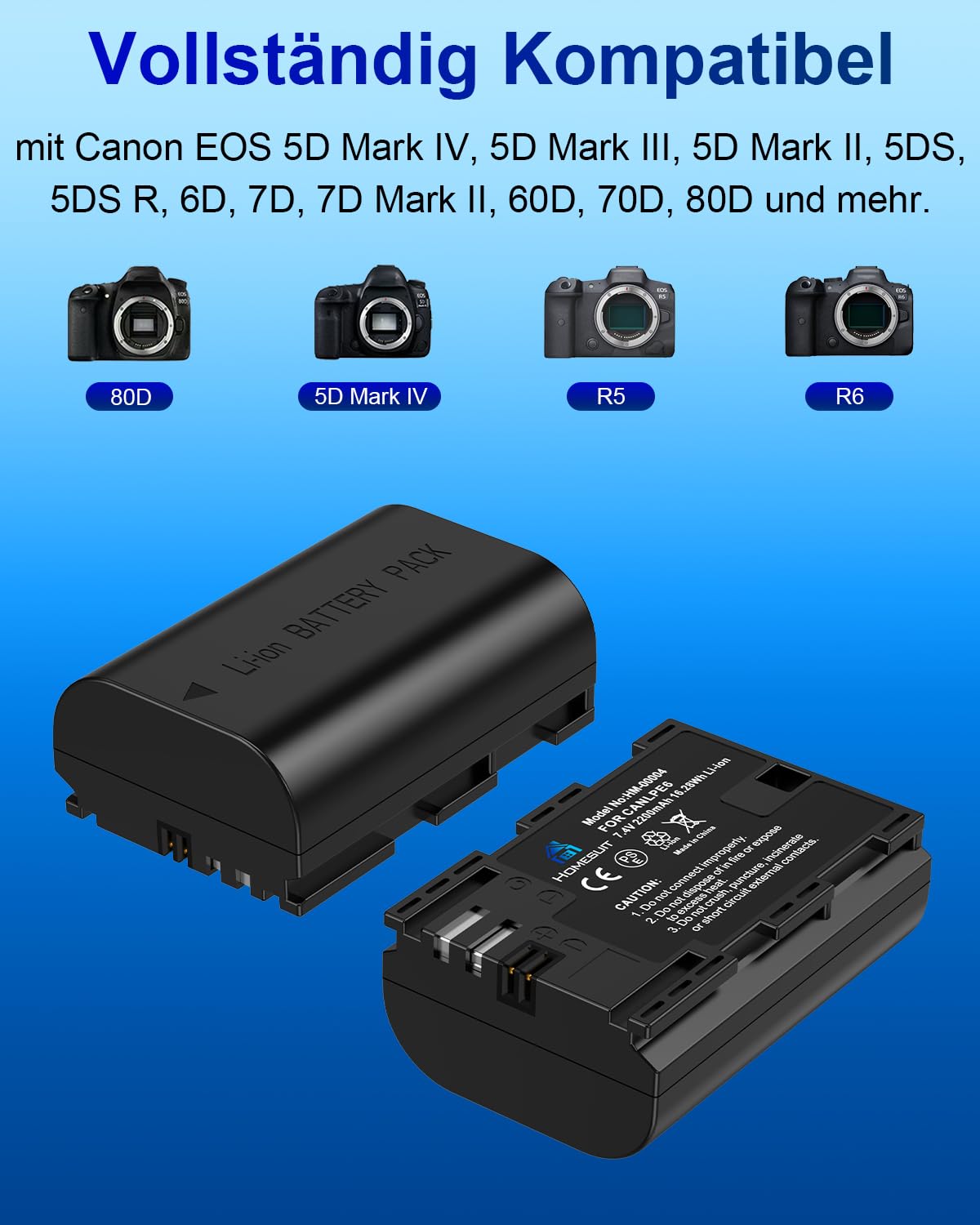 Homesuit LP-E6 LP-E6N Akku 2200mAh und USB LED Dual Ladegerät für Canon EOS 5D Mark IV, 5D Mark II, 5D Mark III, 6D Mark II, 7D Mark II, 60D, 60Da, 70D, 80D, 90D und mehr (2er-Pack)