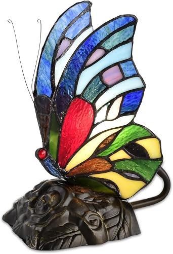 BELOFAY Tiffany Lamps, Stained Glass Handmade Tiffany Vintage Bedside Table Lamps for Living Room, Bedroom, and Lounge 8 inches, Blue Butterfly Tiffany Style