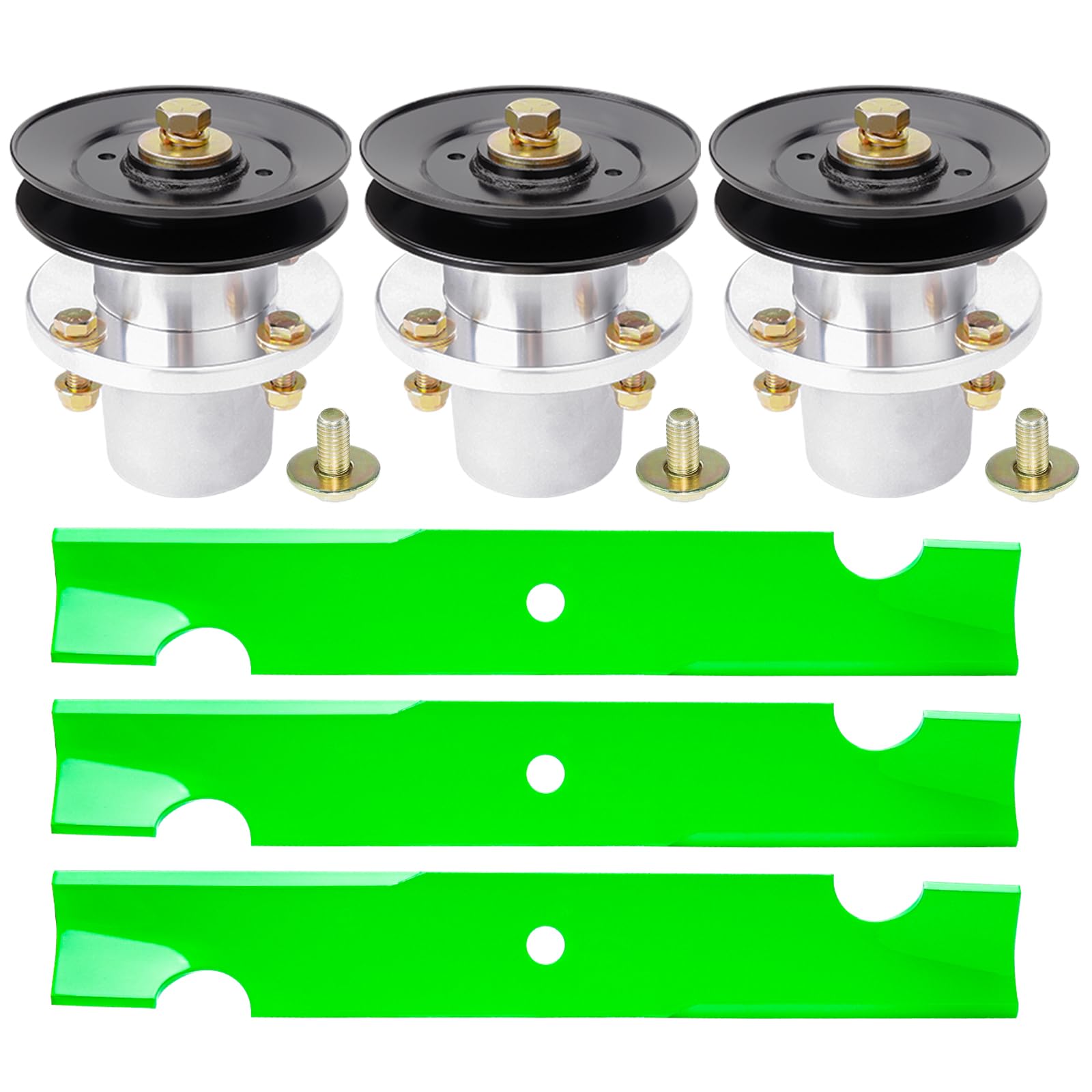 Kit de reconstrucción de cubierta de cortacésped de 48 pulgadas para Bad Bo y MZ Magnum incluye 3 husillos 037-2000-00 037-2050-00 3 cuchillas 033-4820-00, 3 poleas 038-4826-00