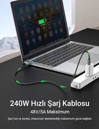 240W, 20 Gbps, 4K 60Hz, USB C'den USB C'ye, Örgülü Hızlı Şarj, Görüntü ve Veri Aktarım Kablosu PD 3.2, 5A, iPhone 15, 16, 17, M2 MacBook Pro, Air, iPad Pro ve Galaxy S25, S24, S23 ile Uyumlu