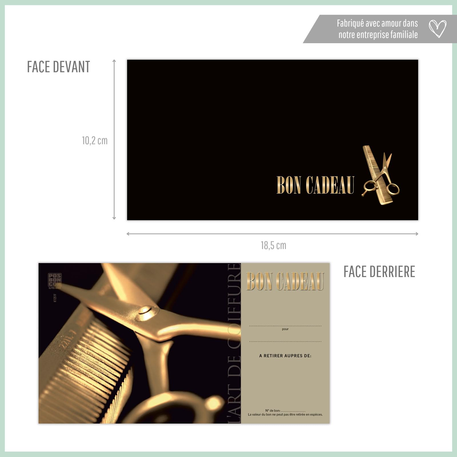POS BON - 100 bons cadeaux à remplir avec enveloppe/nœud ruban - formulaires imprimés pour des salons de coiffure K1251F-2-100-V1