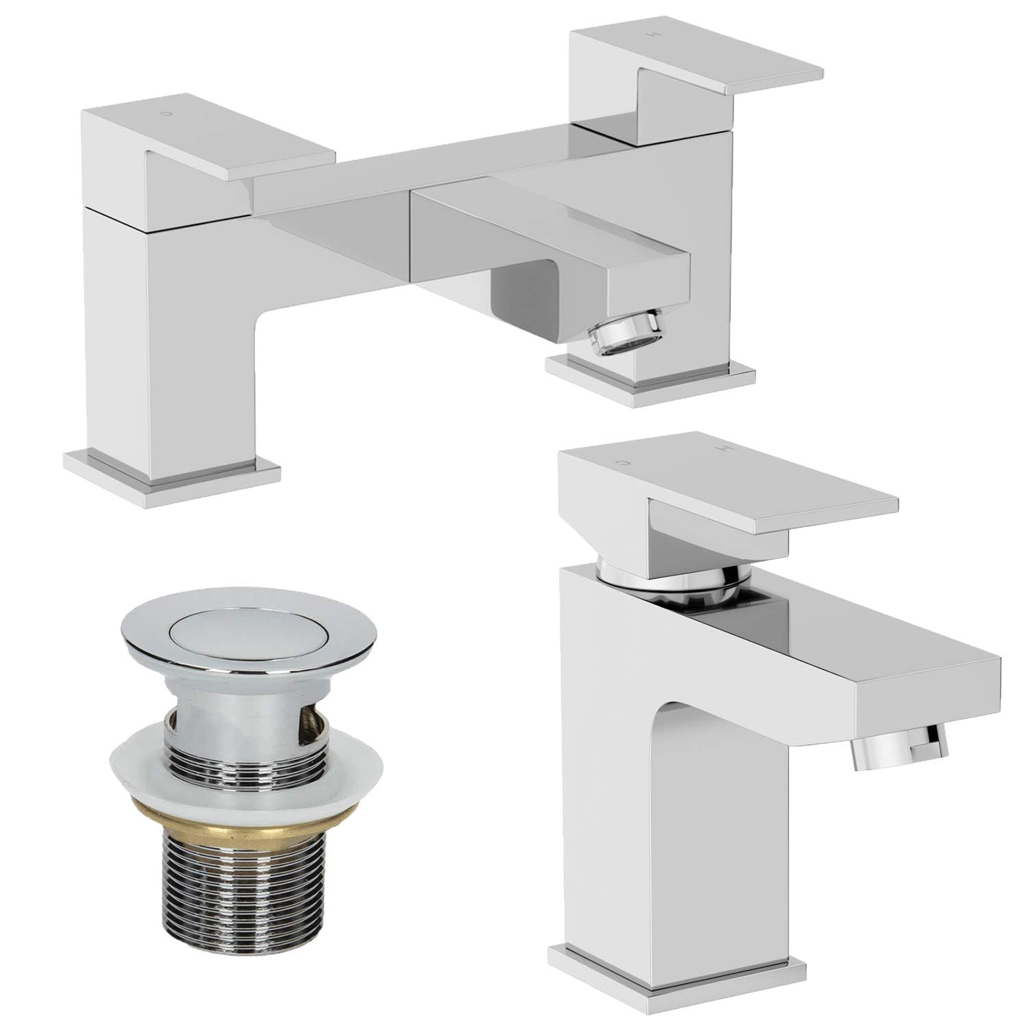 Architeckt® Ibbardo Bathroom Bath Filler Mixer Tap and Basin Tap with Waste Set Deck Mounted Square Twin Lever Handle Modern, Chrome