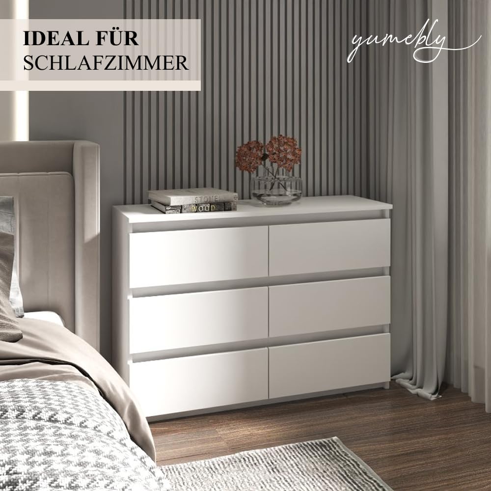 Kommode mit 6 Schubladen Weiß | 100x33x71 cm| Große geräumige Schubladenschrank | Ideal für Schlafzimmer, Wohnzimmer, Kinderzimmer und Büro