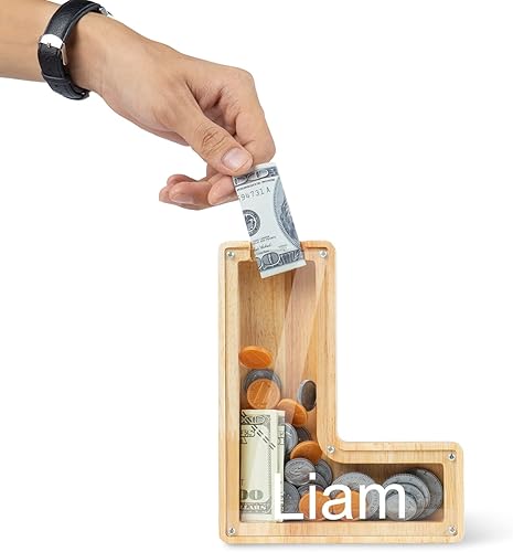 Miniatura 3 de Alcancía de madera personalizada con 26 letras del alfabeto inglés, caja de almacenamiento de dinero con nombre grabado, regalo de ahorro para niños