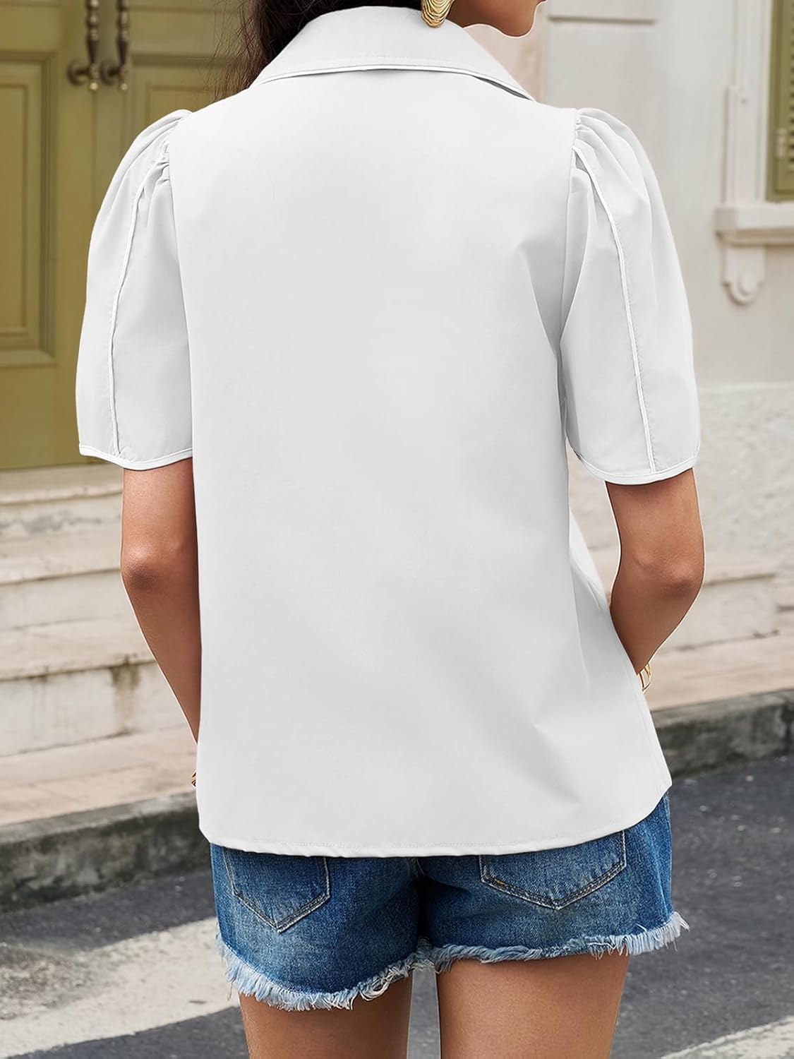 Tankaneo Womens Puff Short Sleeve Button Down Shirts Summer V Neck Color Block Tops Dressy Casual Blouse - Image 5