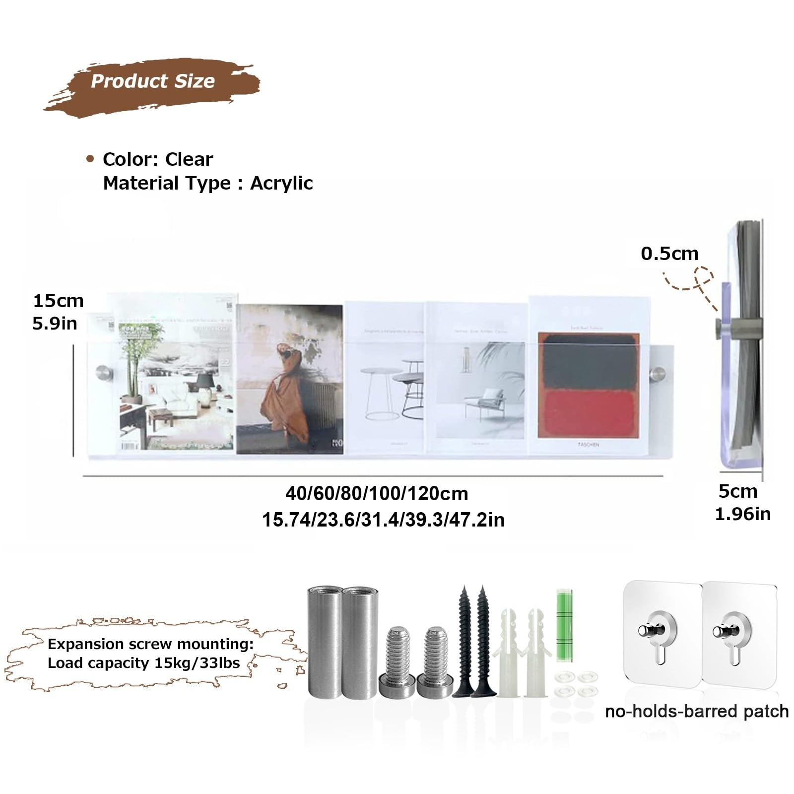 2Pack - acryl zeitschriftenhalter Wand Modern Hängend Bücherregale, Broschürenhalter zeitungshalter Wand Schallplattenregal Display Regal,Schweberegale Für Schlafzimmer, Wohnzimmer Büro (80cm)