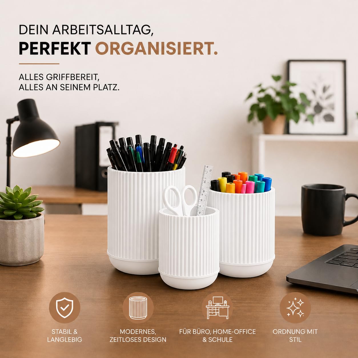 CABU Stiftehalter Weiß 3er Set – Minimalistischer Schreibtisch Organizer – Multifunktionaler Stiftebecher & Pinselhalter aus robustem Kunststoff – Modern Matt für Büro, Homeoffice & Kosmetik