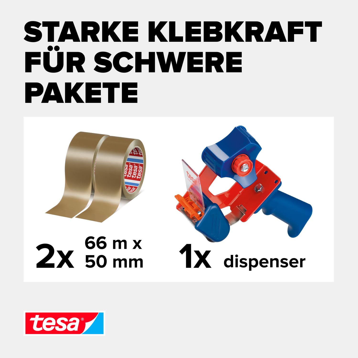 tesa tesapack Extra Strong und Handabroller im Set mit 2 besonders reißfesten PVC-Klebebändern - Braun - 66 m x 50 mm