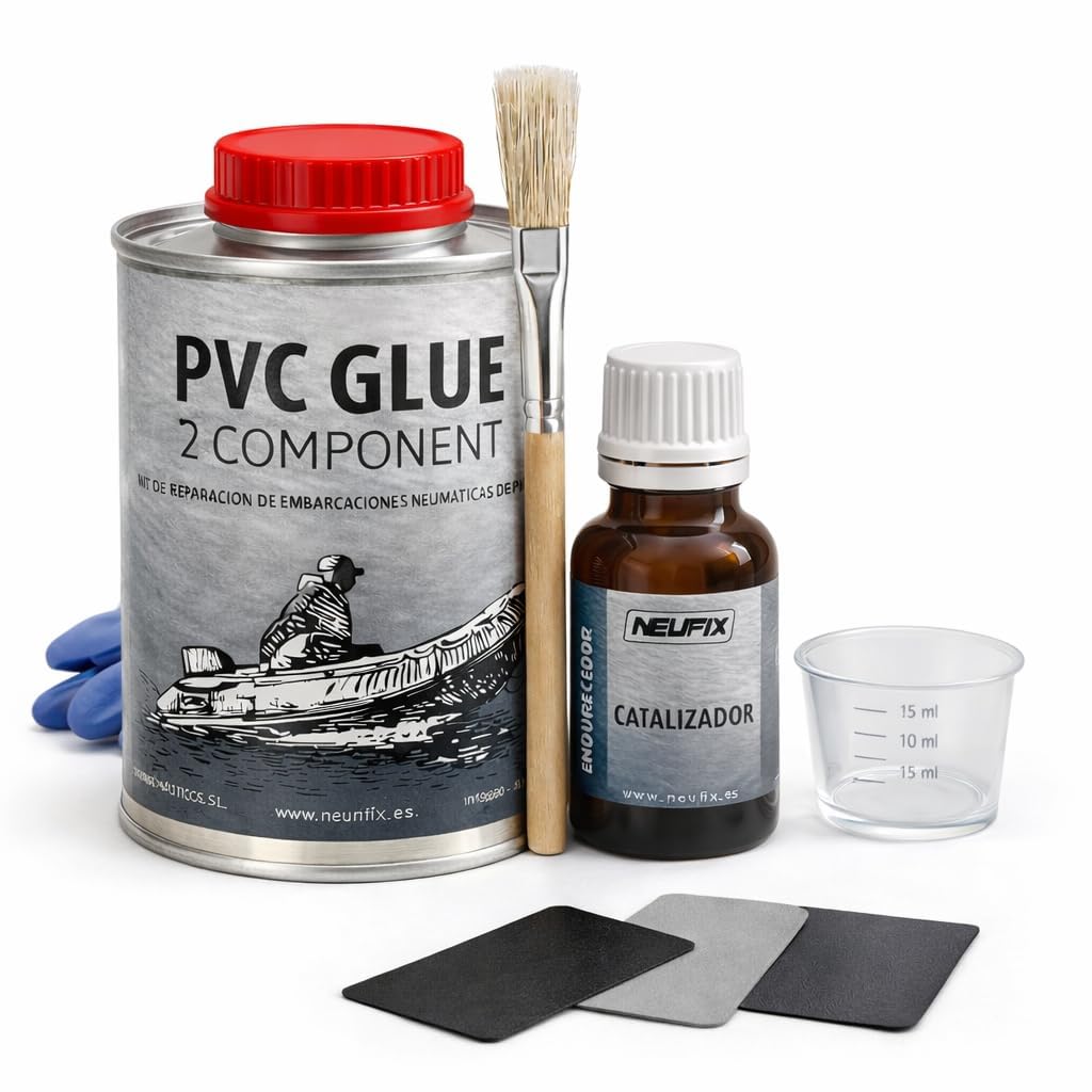 Kit Riparazione PVC Professionale – Colla PVC Bicomponente per Gommoni, SUP, Kayak e Gonfiabili – Include Toppe, Pennello, Bicchiere, Guanti e Salvietta