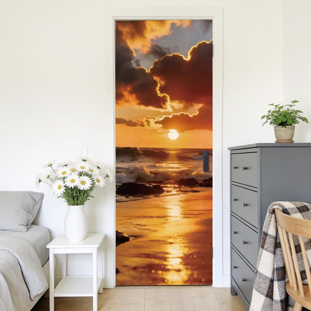 arricraft 2 Sheets Self-Adhesive Door Sticker, 80cmx200cm/31.5x78.7inch Sunset Sea Beach Pattern Door Murals Stickers PVC Removable Wallpaper Decoration for Bedrooms ​Living Room