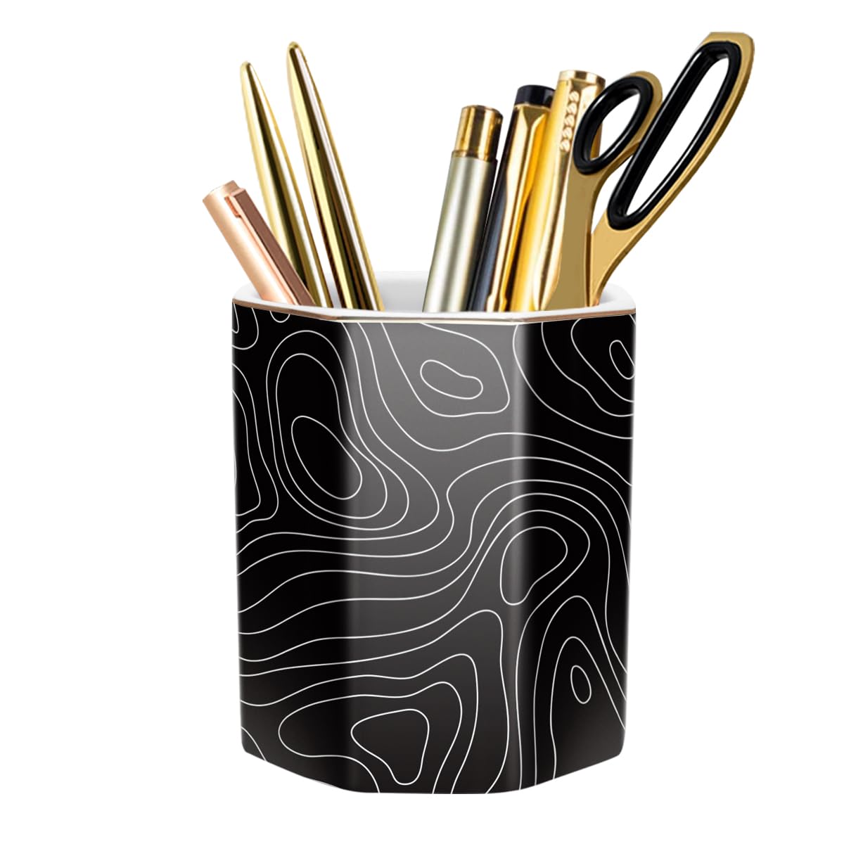 WAVEYU Pen Holder, Pencil Cup for Desk, Cute Desk Organizer, Durable Ceramic Decorative Makeup Brush Desktop Accessories, Stylish Stationery for Office, Home, Abstract Pattern