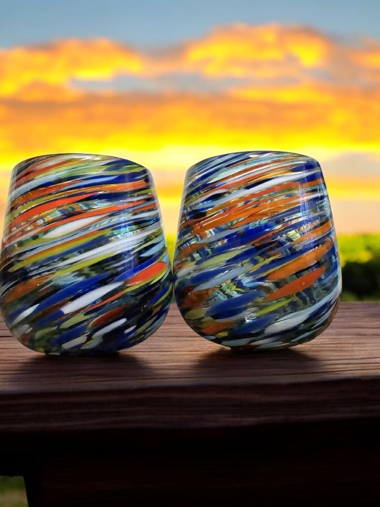 Handblown Confetti Stemless Wine Glass with Colorful Swirl Design (Set of 2) - Made in Mexico