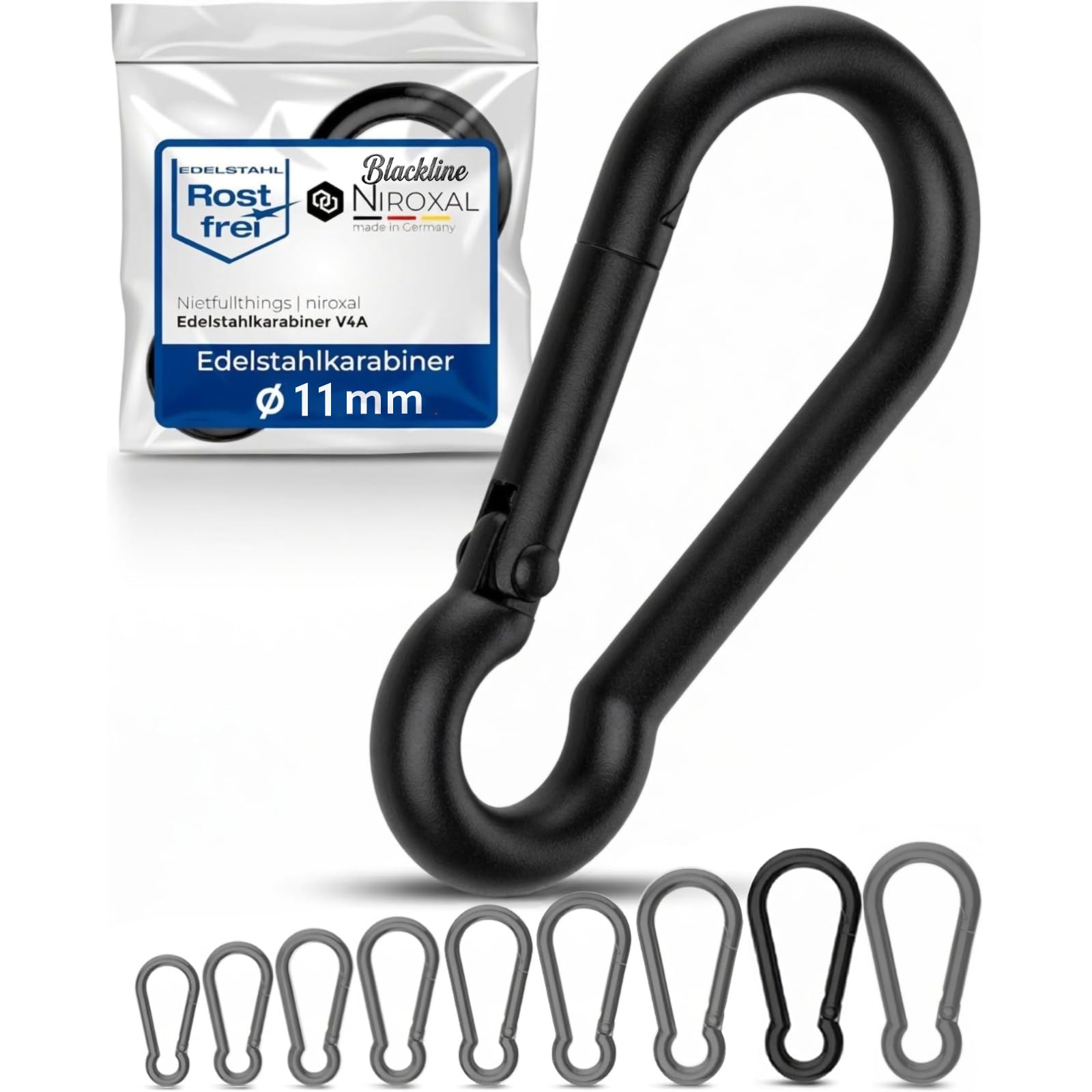 Mousqueton noir V4A A4 sans goujon - Blackline noir noirci durablement - Différentes tailles et quantités - Inoxydable - Qualité marine