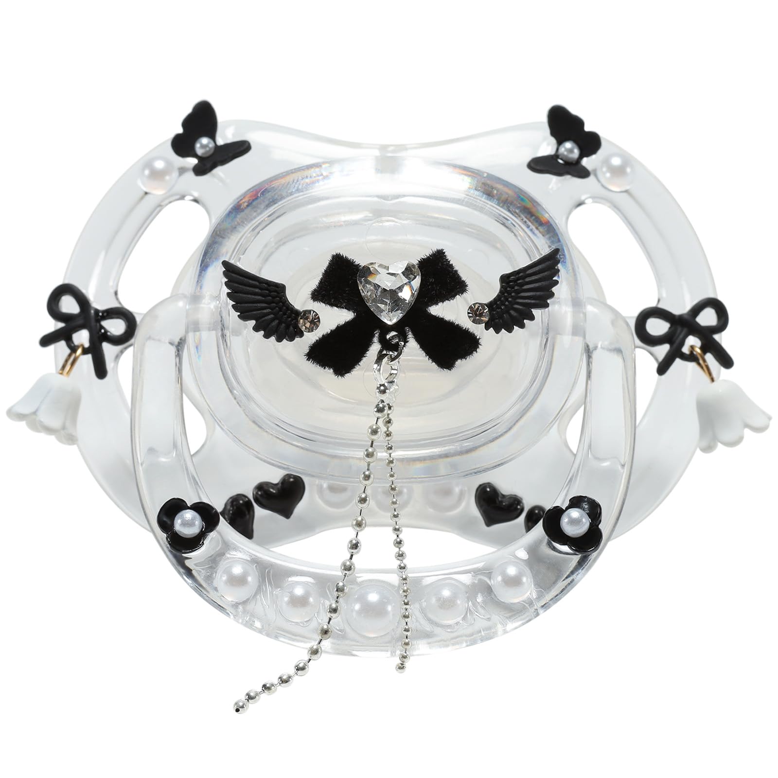 CutiePlusU Adult-Size Crystal Pacifier Dummy for Adults DIY Handmade Cute Decorative Shield - White Crystal Dark Wing