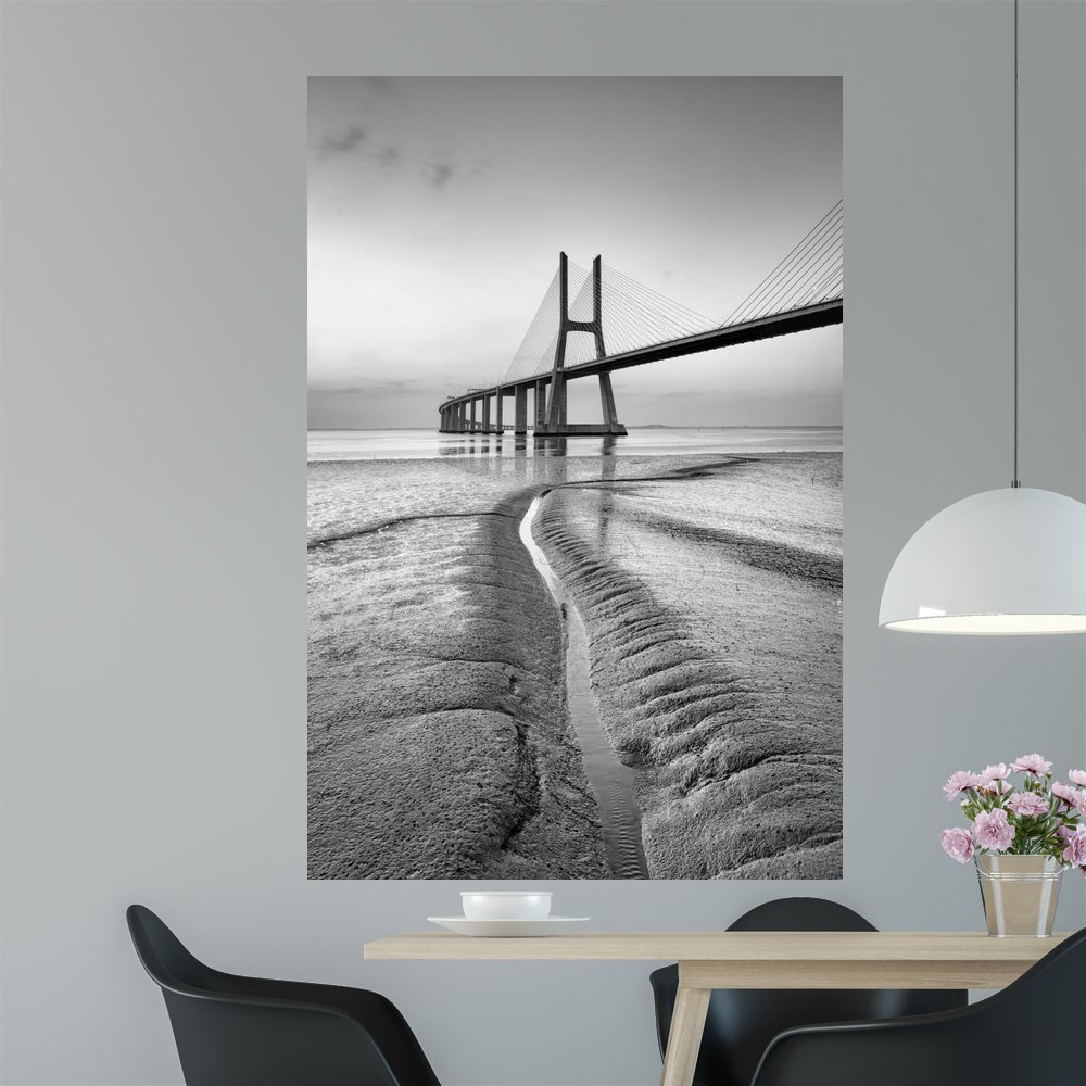 Wallmonkeys WM360272 Vasco Da Gama Bridge at Black and White Peel and Stick Wall Decals (72 in H x 48 in W), Colossal