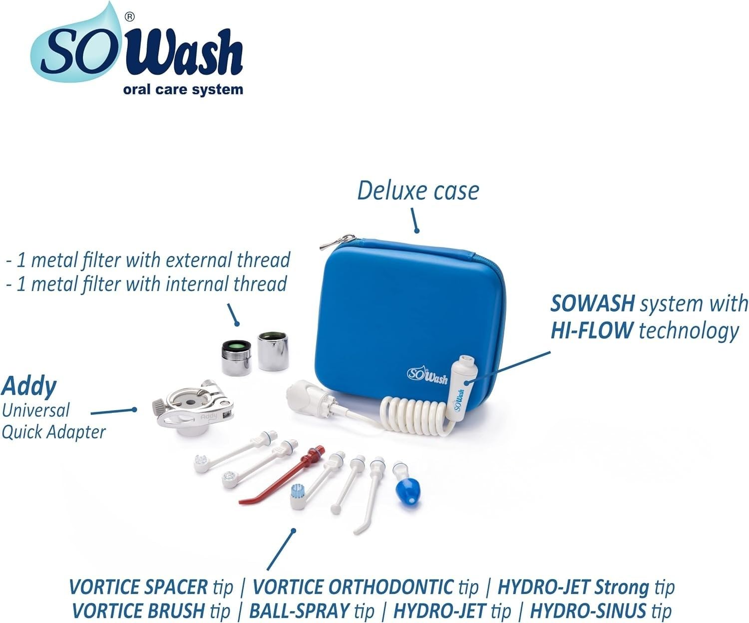 Idropulsore Dentale SoWash | Deluxe | Si Collega al Rubinetto | Irrigatore Orale Senza Batterie e Elettricità | Include 7 Testine tra cui 3 test.Vortice + Adattat.da Viaggio Addy | Prodotto Italiano