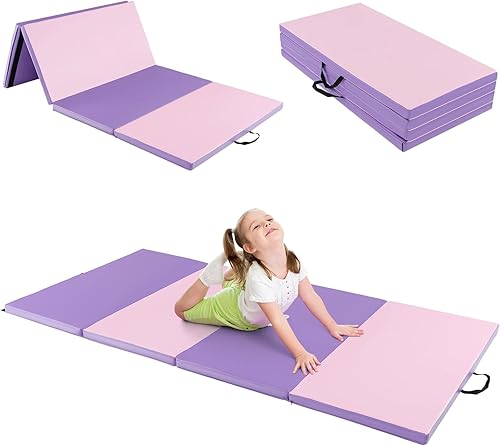 Miniatura 8 de GYMAX Colchoneta de gimnasia, 4 x 8 x 2 pulgadas, plegable, gruesa, con asas de transporte y costuras resistentes, cubierta de piel sintética