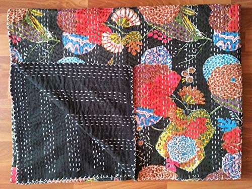 Textile Work Creations Jaipuri Quilt Handmade Bed Cover Cotton Kantha Blanket Throw Home Decor Bedspread Bedsheet, Twin Size, Multicolour (90 X 108 Inches (Queen Size), Black)-image-23