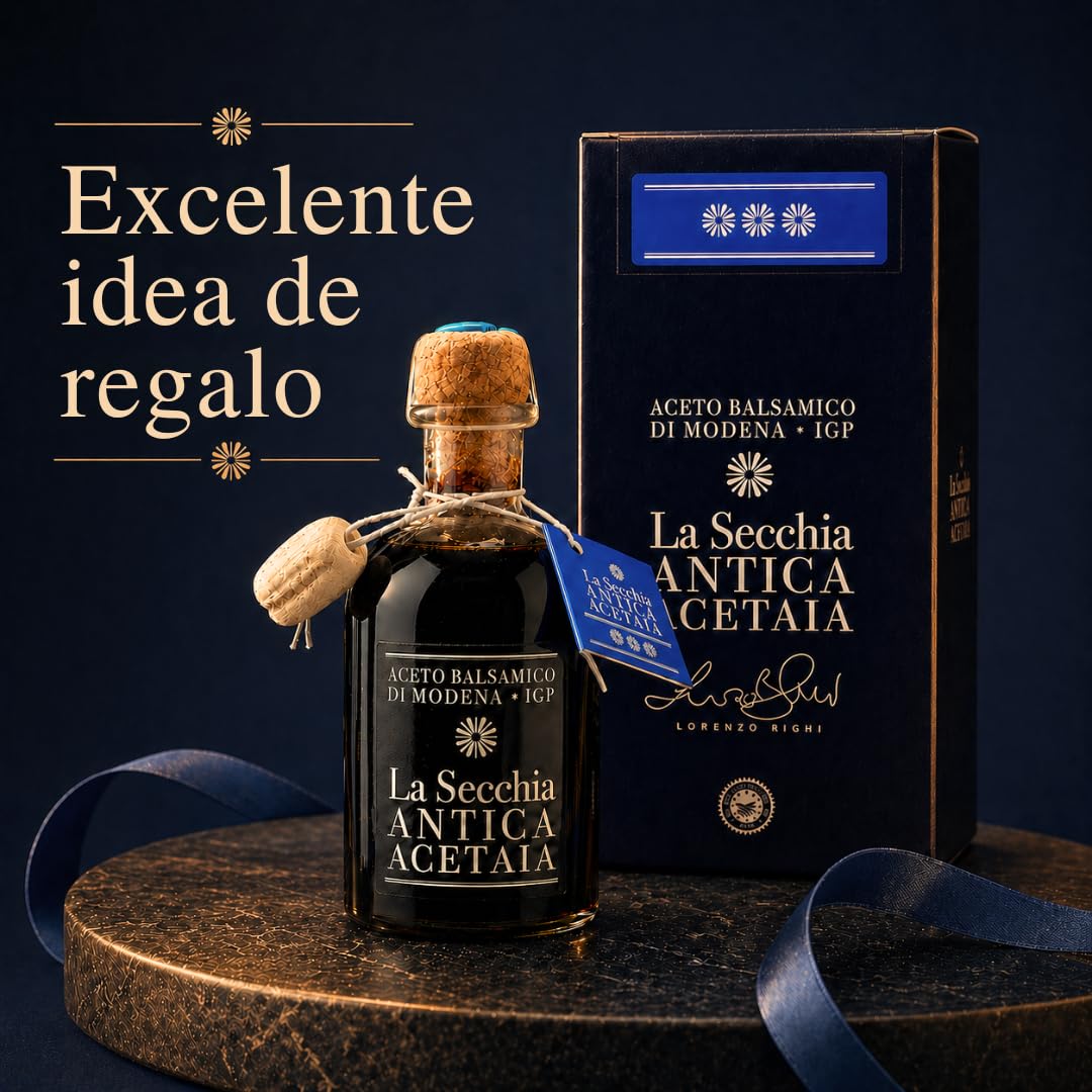 La Secchia - Aceto Balsámico de Módena IGP "Tres Estrellas", madurado en 12 barricas de Cerezo-Morera, densidad media, botella de 250 ml con tapón dosificador de corcho.