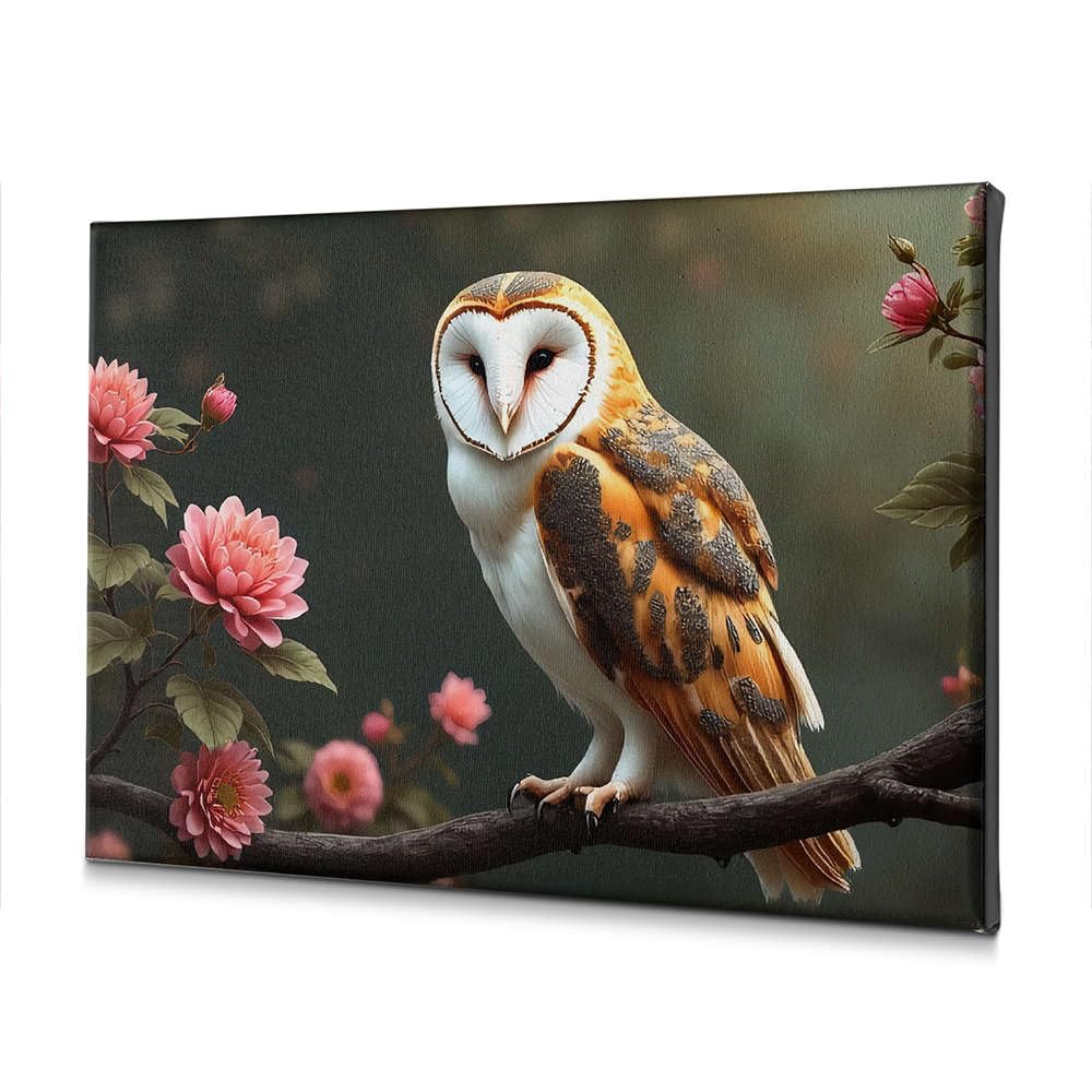 Decorazione da parete per la casa, con un barbagianni posatoi su un ramo ornato con fiori rosa, immagine decorativa su tela, immagine per bagno, stile shabby chic (30 x 40 cm)