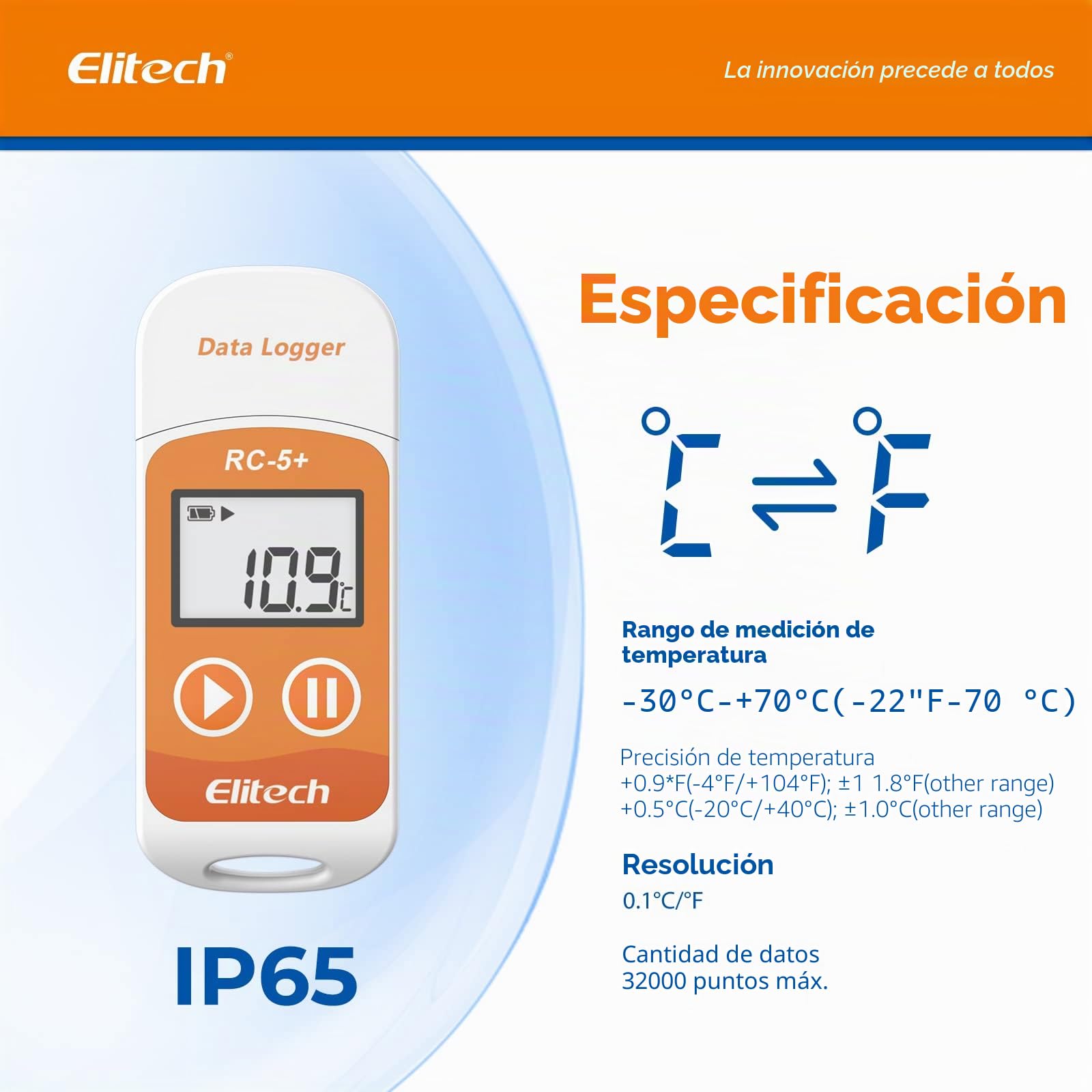 Elitech RC-5+ Registrador de Datos de Temperatura, Registrador de Datos de Temperatura, Data logger Informe PDF&CSV, 32000 Puntos