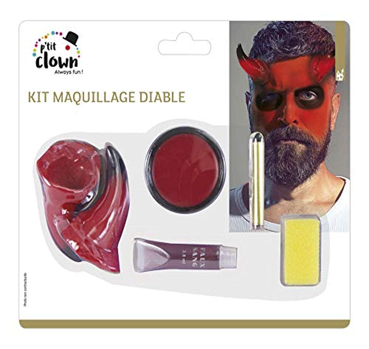P'TIT Clown - 12900 - Kit Maquillage Diable - Cornes + Palette + Sang + Crayon Noir + éponge - Taille Unique